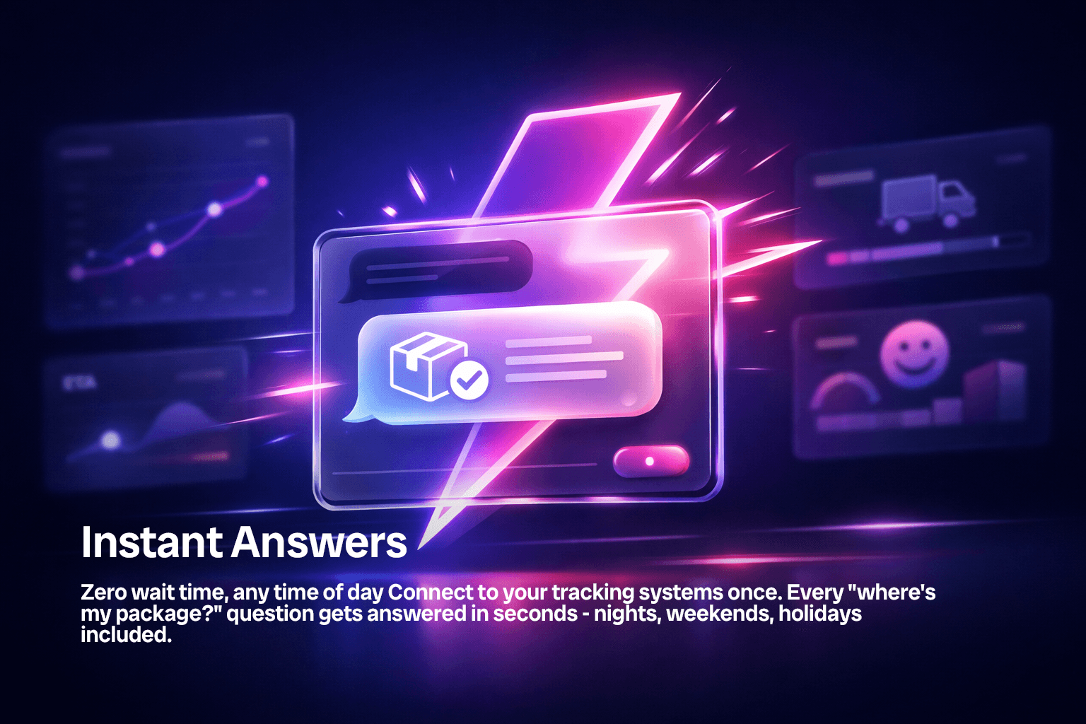 Neon chat window with lightning bolt and logistics dashboards in the background.