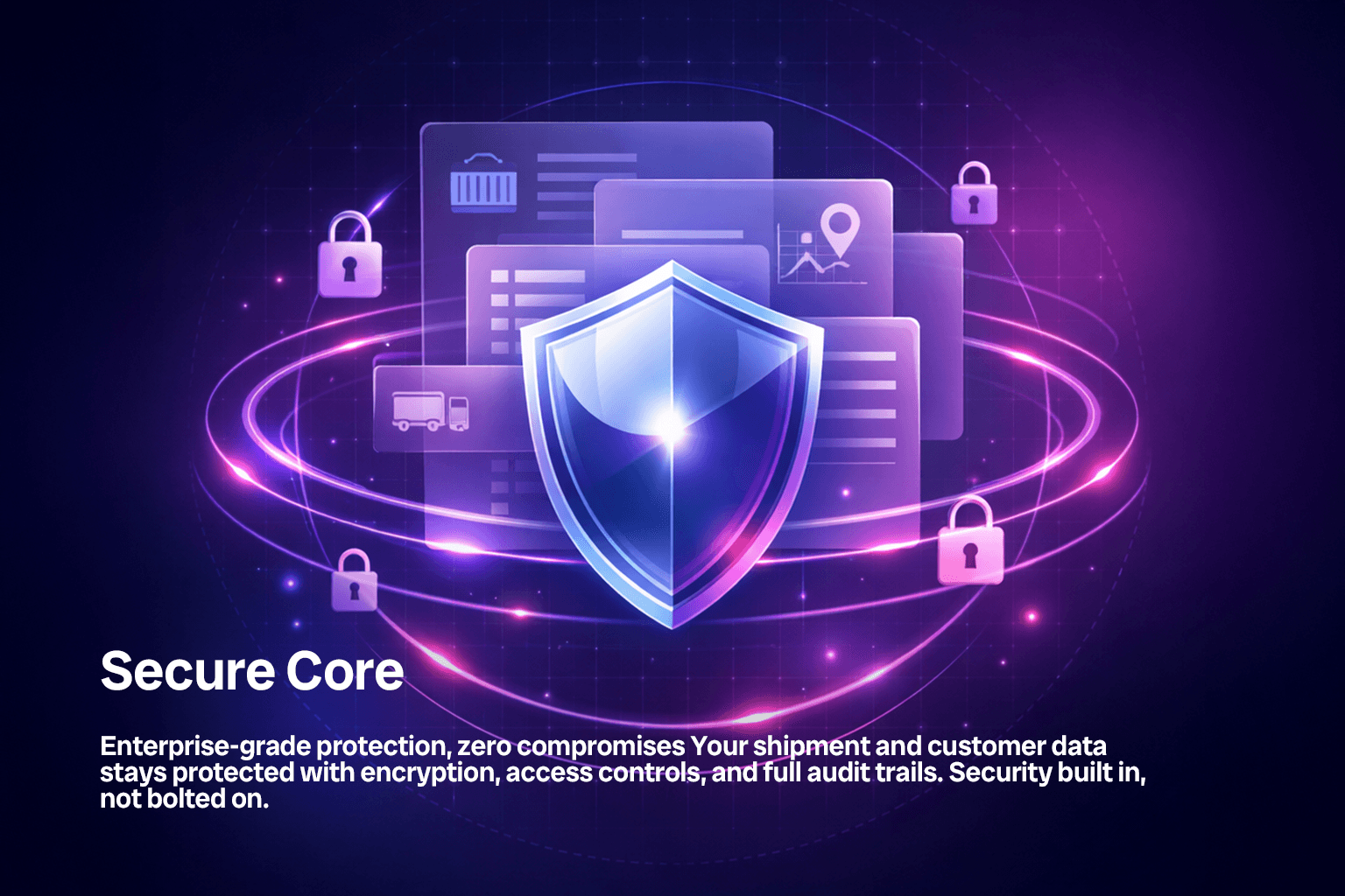 Shield at the center of logistics data cards surrounded by security locks.